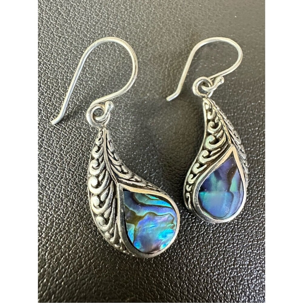 Vintage Sterling Silver 925 Abalone Shell Teardrop Scroll Dangle Drop Earrings